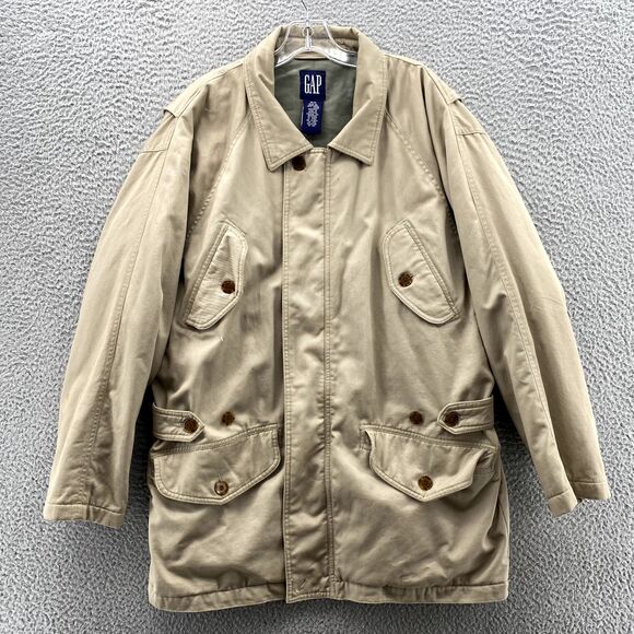 Vintage Gap Pea Coat Trench Jacket Mens Medium Beige Utility Barn Field Academia - Picture 2 of 12